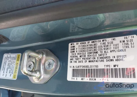 2014 Honda Crosstour Ex-L из США, поврежденный, VIN 5J6TF3H56EL001795